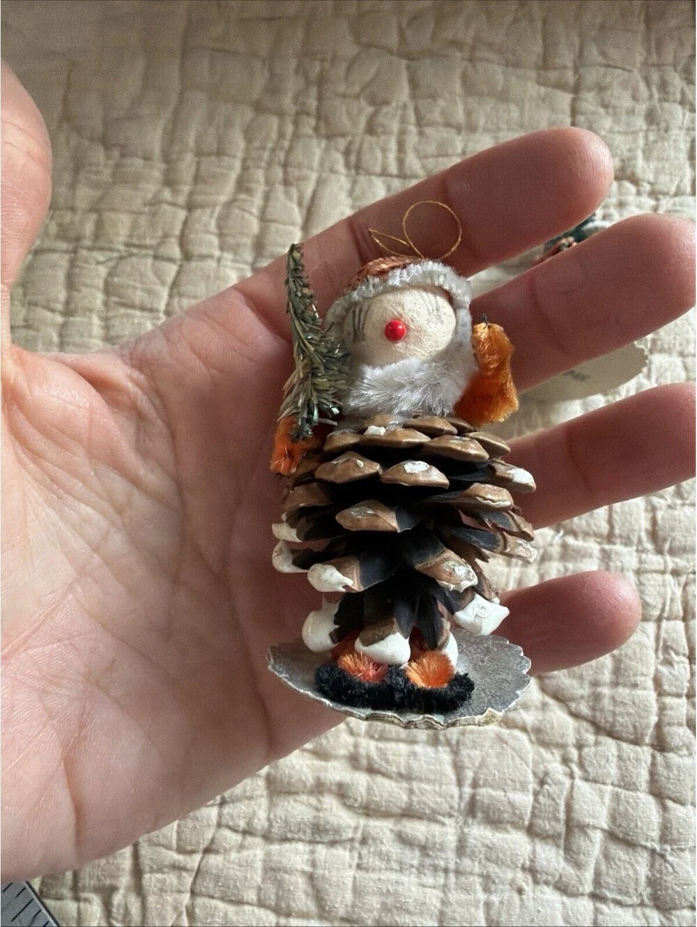 2 Vintage Japan Pinecone Elf Gnome Figures Putz Christmas Ornament Decorations